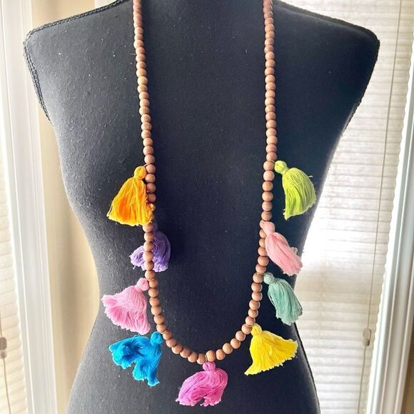 Boho Multi Color Tassel Wooden Beads Necklace - Picture 3 of 3
